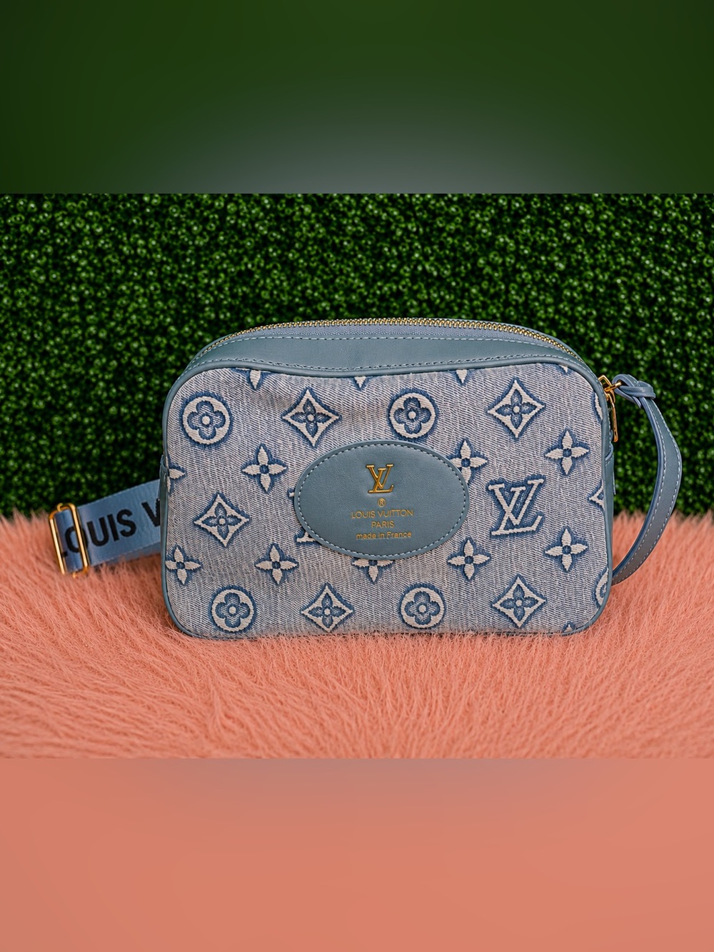 Blue Denim Monogram Style Camera Bag With Adjustable Strap, New